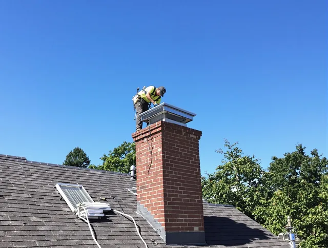 Killingly Chimney Sweep technician measuring a chimney cap in Killingly, CT